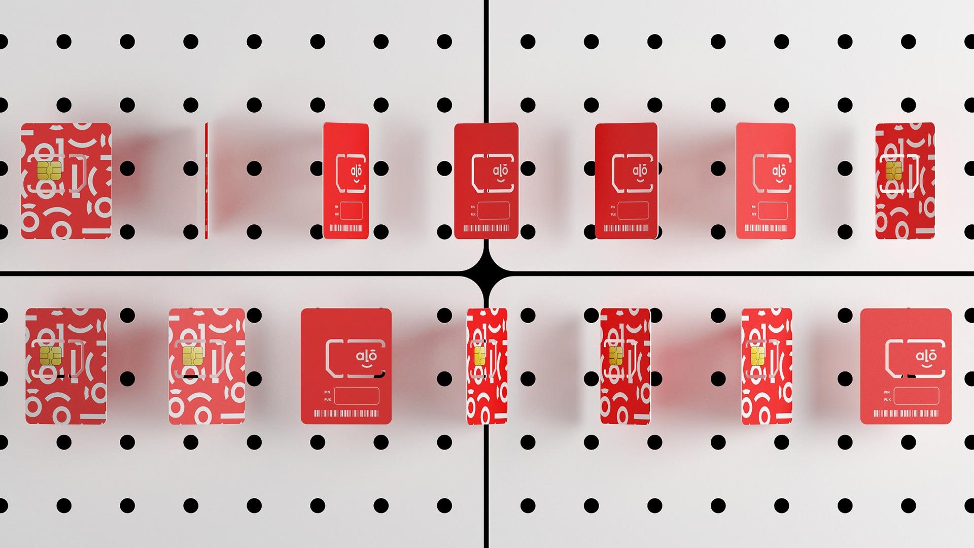 Alou prepaid cards on a pegboard