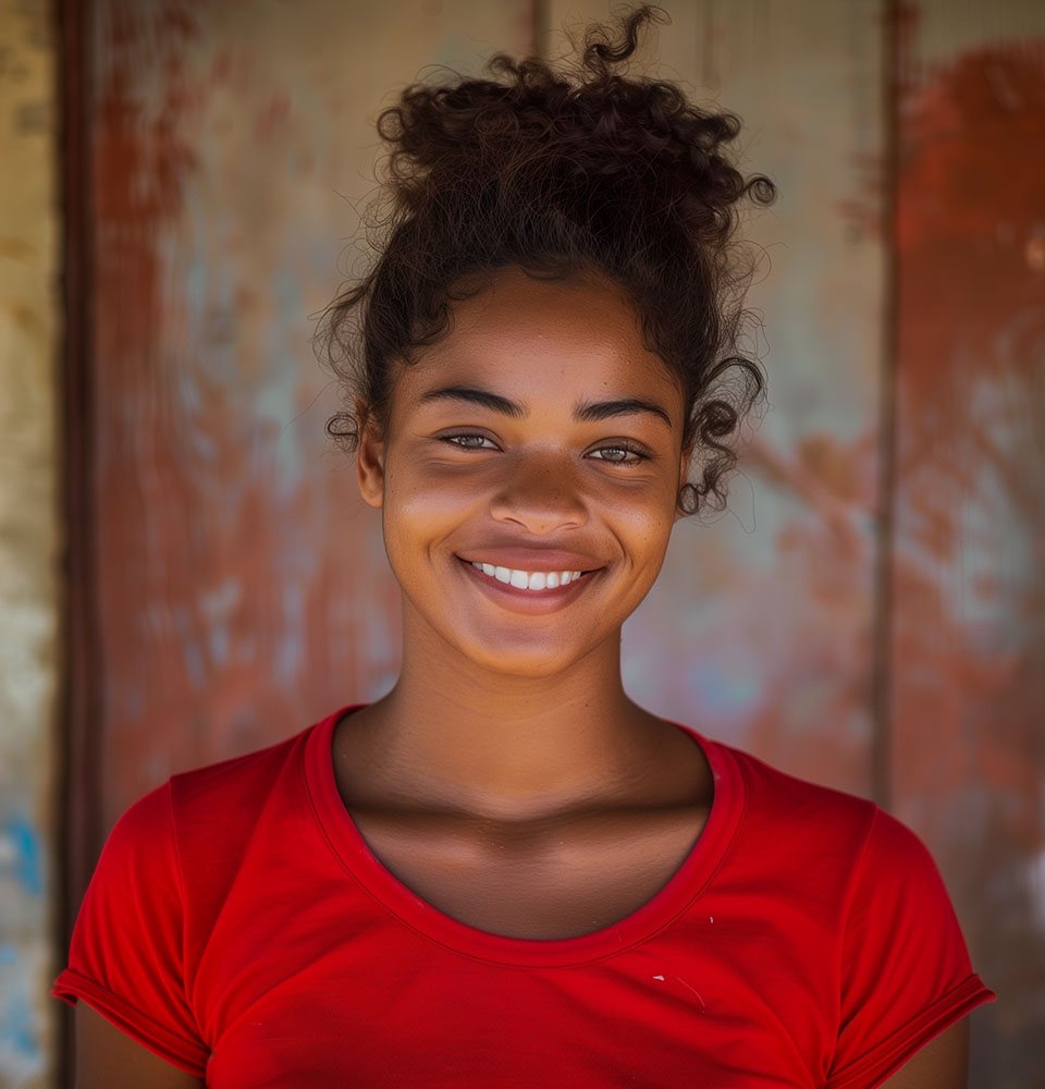 Young woman smiling in a red T-shirt