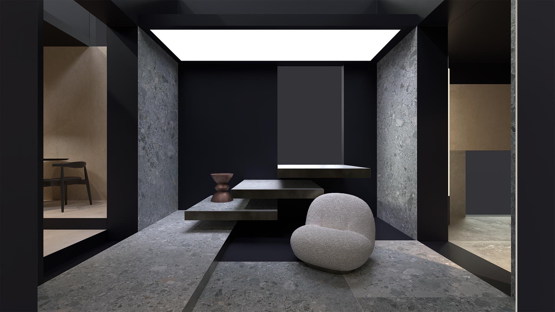 Grey stone pavilion with soft seating