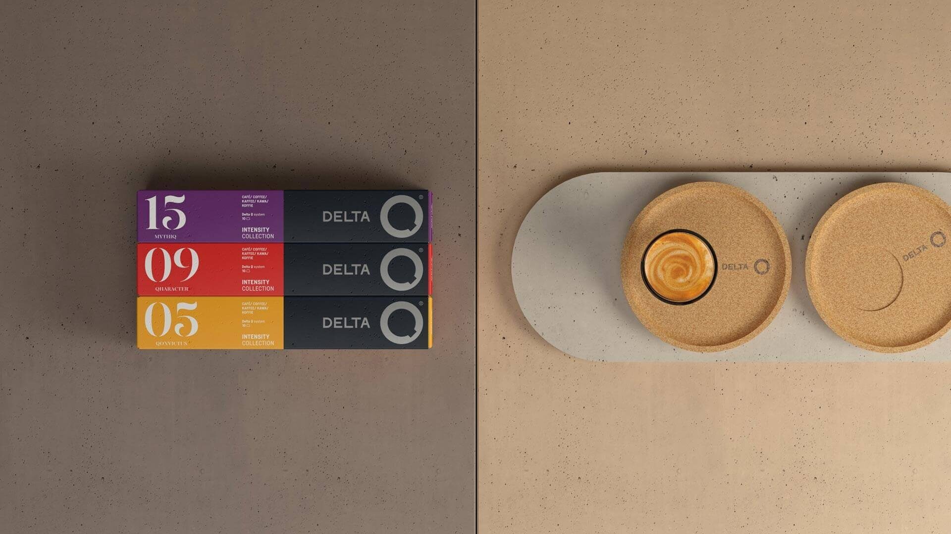Delta Q capsules and espresso on cork