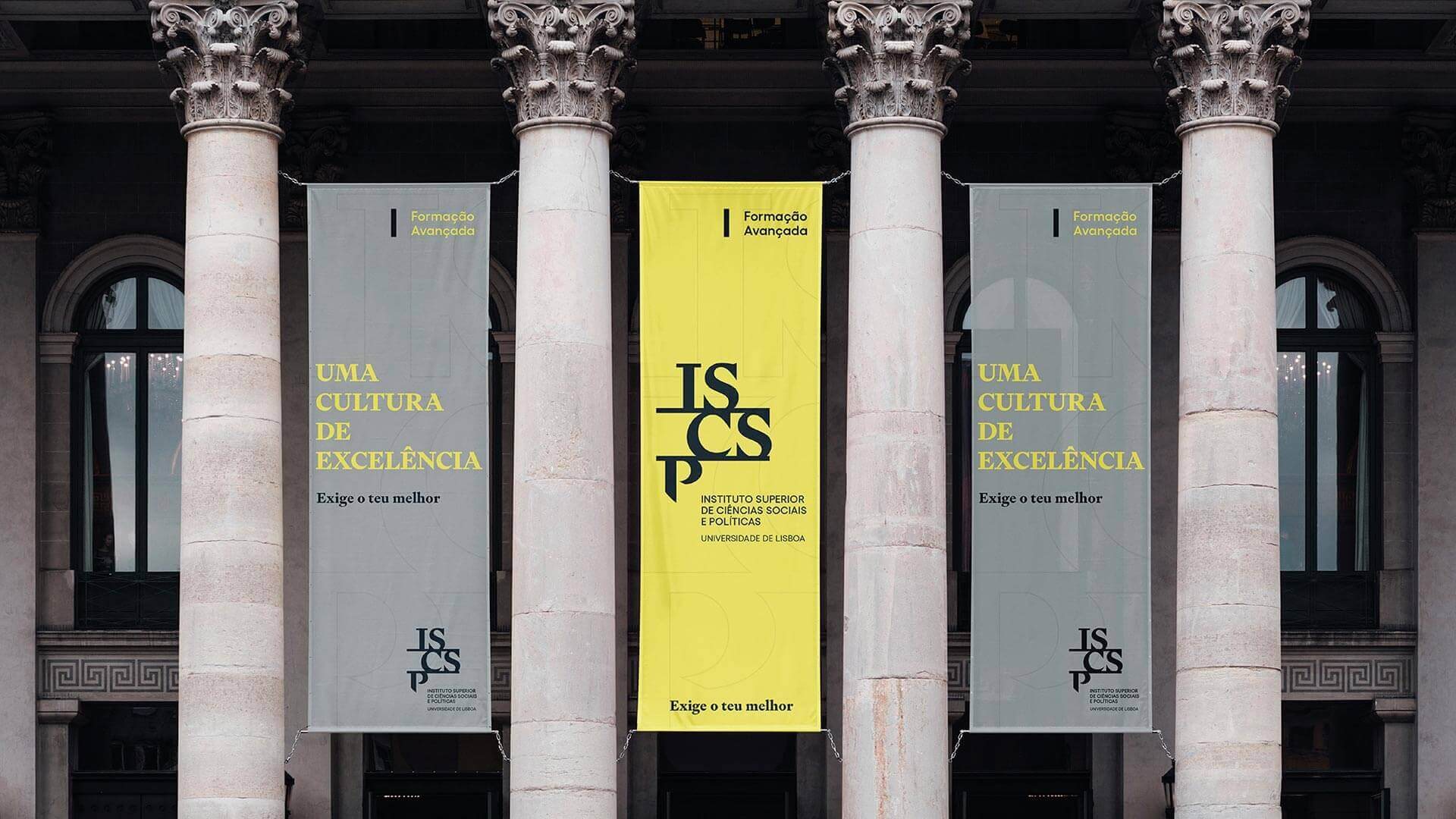 ISCSP banners between the columns of the faculty building