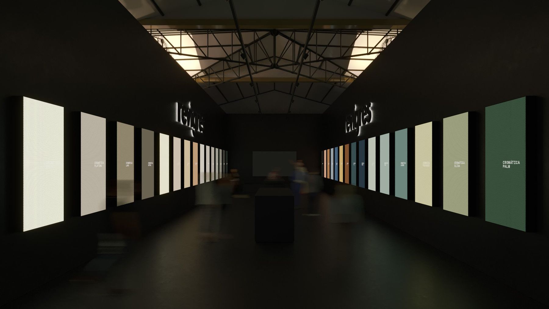 Exhibition corridor lined with illuminated colour panels