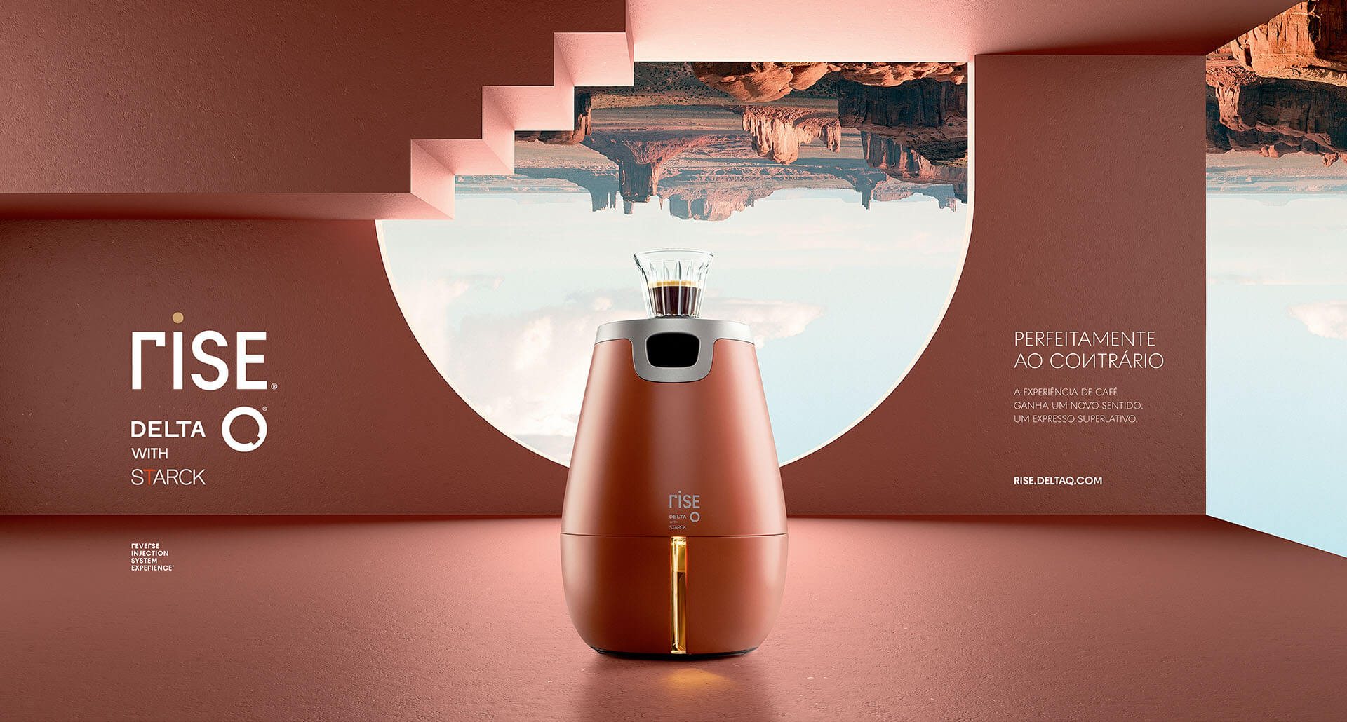 RISE campaign visual with the machine in a pink architectural space