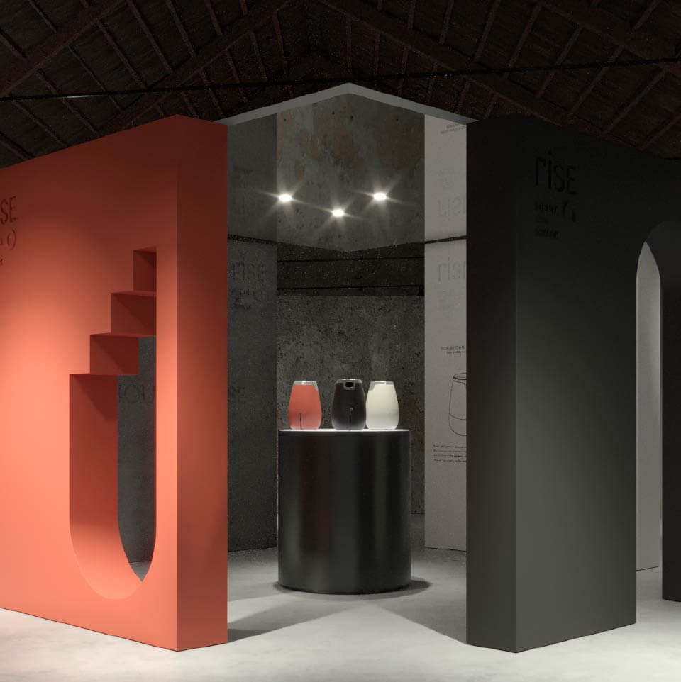 RISE exhibition room with red architectural walls