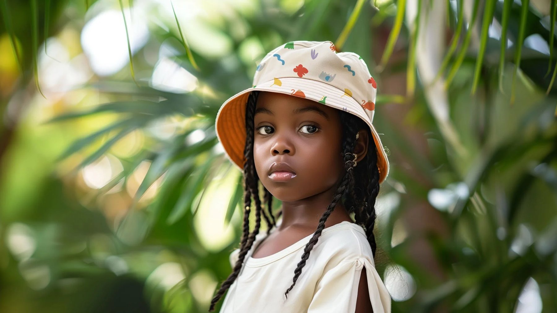 Child in an illustrated bucket hat